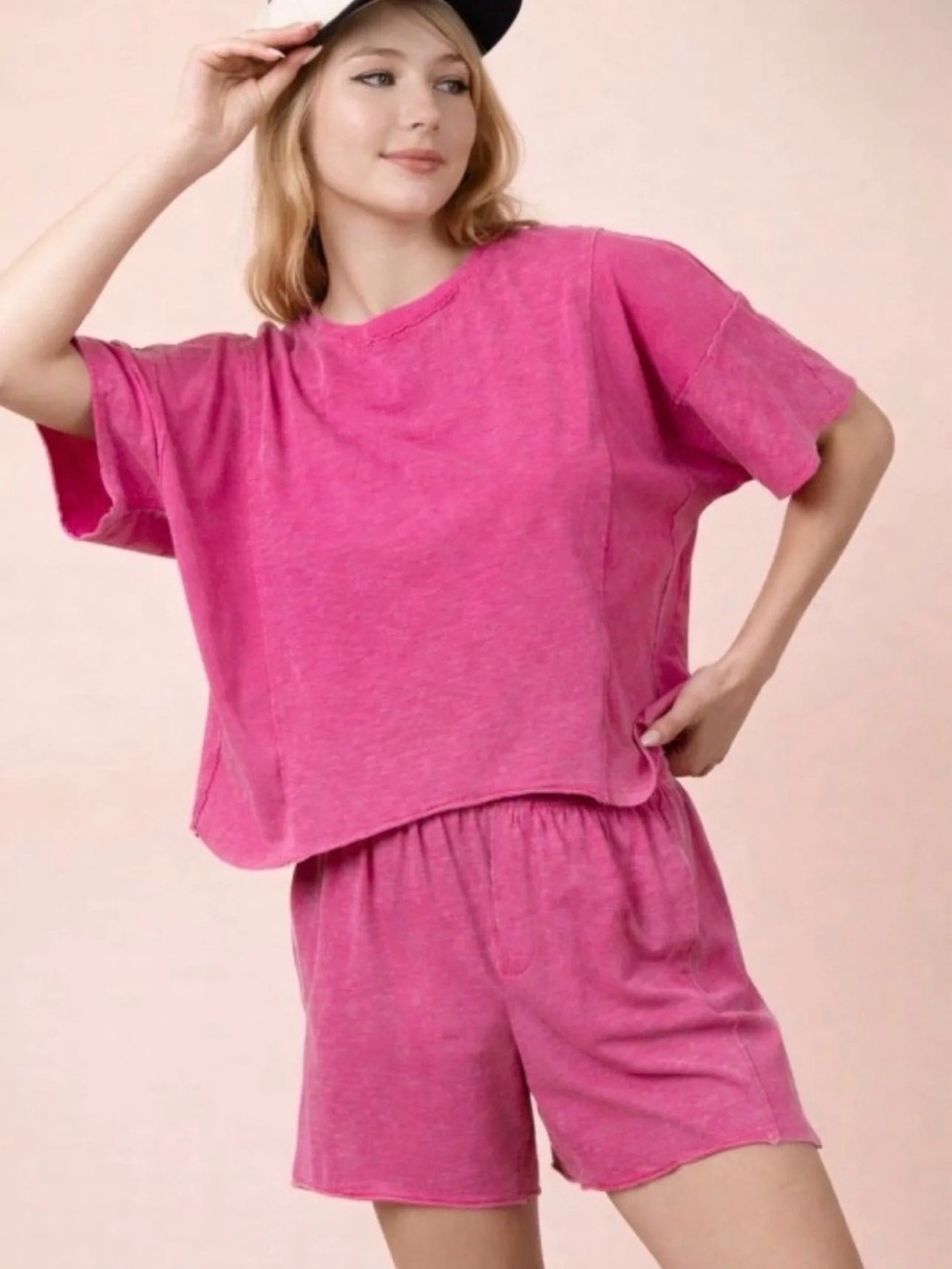 Very J Plus Mineral Washed Casual Knit Top and Shorts Set in Pink